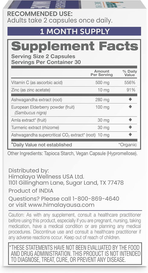 Himalaya Ashwagandha+ Immune with Ashwagandha, Elderberry, Zinc & Vitamin C for Active Immune Support, 60 Capsules, 1 Month Supply, Vegan, Gluten ...