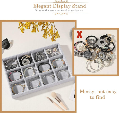 Bracelets Organizer Jewelry Tray, 12 Grids Velvet Tray Storage for Watches Rings Earrings, Stackable Jewelry Drawer Organizer Showcase Display Tra...