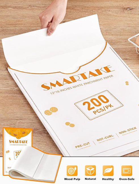 SMARTAKE 200 Pcs Parchment Paper Baking Sheets, 12x16 Inch Non-Stick Precut Baking Parchment, Suitable for Baking Grilling Air Fryer Steaming Brea...