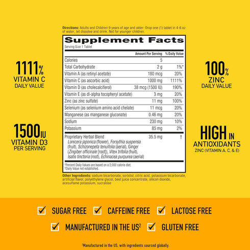 Airborne 1000mg Vitamin C with Vitamin D & Zinc, Sugar Free Multivitamin Immune Support Supplement, Antioxidants Vitamins A C & Vitamin E, 30 Effe...