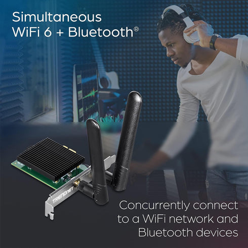 TRENDnet AX3000 Wireless Dual Band & WiFi 6 PCIe Adapter, Bluetooth 5.2 Class 2, 2401 Mbps Wireless AX, 600 Mbps Wireless N Bands, Windows 10, Sup...