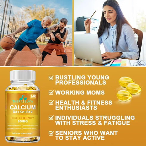 Extra Strength 4-in-1 Calcium + Vitamin D3 + K2 + B12 Supplement Complex for Bone and Immune Health, 120 Softgels, 60 Day Supply...