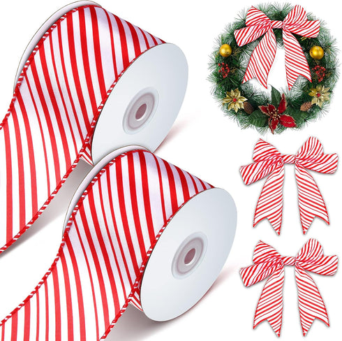 2 Rolls 20 Yards Christmas Peppermint Stripe Ribbon Red and White Wired Ribbons Ribbon Christmas Candy Cane Wired Ribbon Craft Ribbon Wrapping Rib...