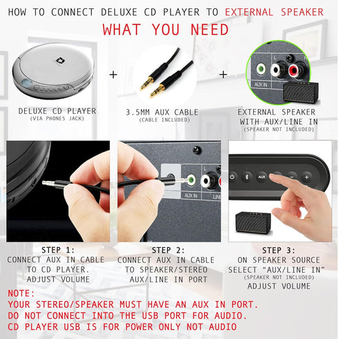 CD Player Portable with 60 Second Anti Skip, Stereo Earbuds, Includes Aux in Cable and AC USB Power Cable for use at Home or in Car. Silver...