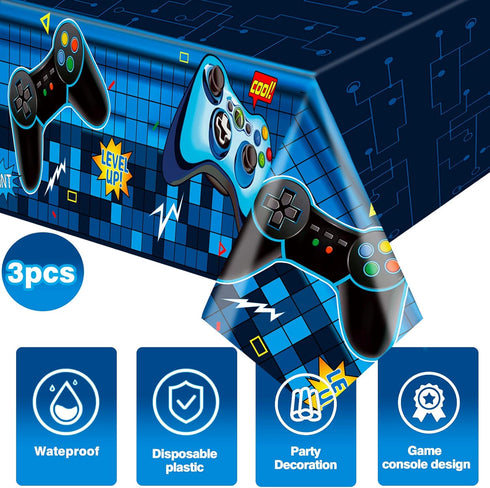 Video Game Rectangular Tablecloth, 3 Pcs Blue PE Plastic Disposable, 54'' x 108'', for Boys Gamer Birthday Party Decorations...
