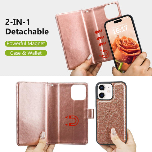 Varikke for iPhone 11 Wallet Case Detachable with 9-Card Holder for Women, Fashion Glitter PU Leather Wrist Strap Strong Magnetic Flip Wallet Remo...