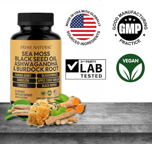 Sea Moss 3000mg Black Seed Oil 2000mg Ashwagandha 1000mg Turmeric 1000mg Bladderwrack 1000mg Burdock 1000mg Manuka Honey Dandelion ACV - 120 Capsu...