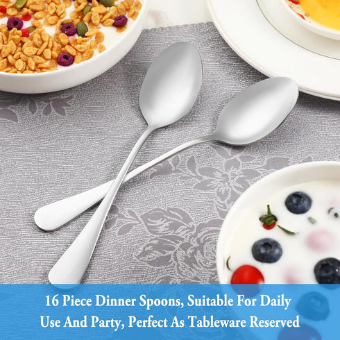 Dinner Spoon Set,16 Pcs 7.3" Tablespoons,Premium Food Grade 18/10 Stainless Steel Spoons,Durable Metal Spoons,Tablespoon,Silverware Spoons Only,Mi...