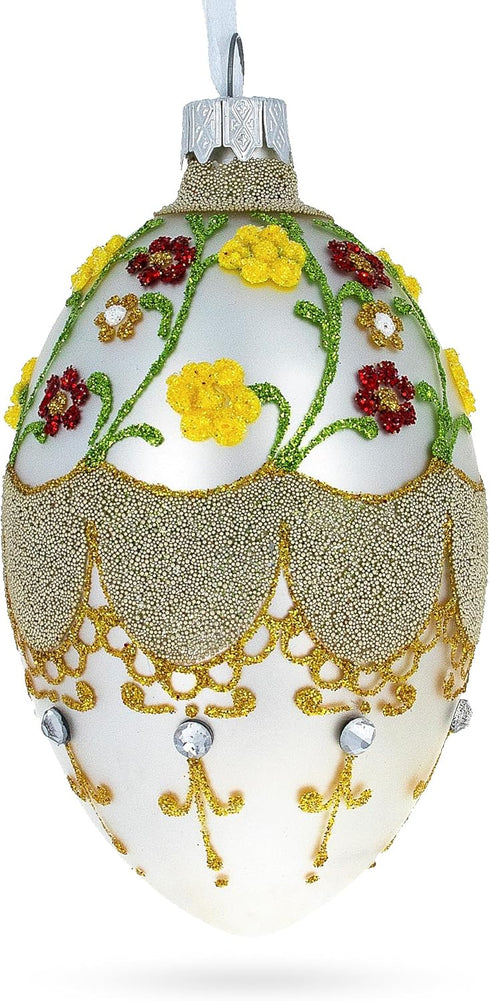 Multicolor Flowers On White Glass Egg Ornament 4 Inches...