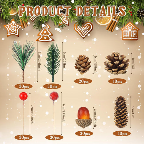 180 Pcs Christmas Pine Cones Holly Berry Craft Pine Branch Set Christmas Potpourri Bowl Filler Vase Filler Wreath Decorations Frost Berry Assorted...