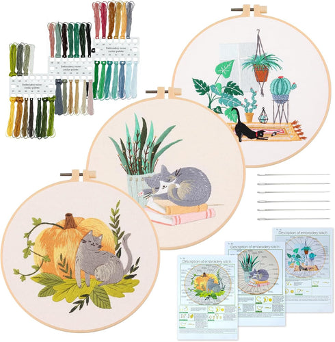 XM-GENYUE 3 Sets Cat Embroidery Starters Kit with Pattern for Beginners, Full Range of Stamped Cross Stitch Kit Set with Embroidery Hoop Cloth Thr...