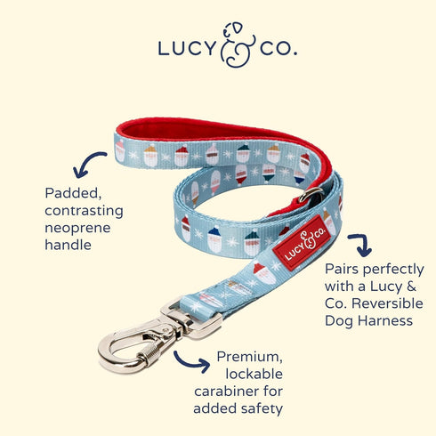 Lucy & Co. Designer Dog Leash - Pet Accessories - Thick Dog Leash - Padded Handle for Comfort - Holiday Red and Light Blue Santa - 5 Foot (Merry &...