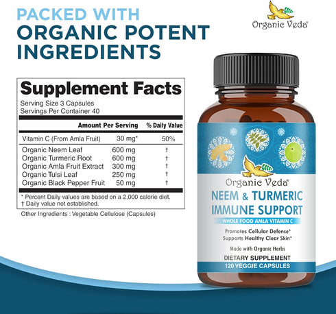 Organic Veda Neem & Turmeric Capsules with Amla Fruit, Tulsi, Holy Basil, Black Pepper Extract - Immune Support Dietary Supplement - Boosts Health...