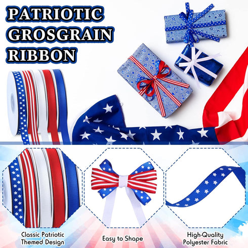 5 Rolls 100 Yards Patriotic Wired Ribbon Red White and Blue Ribbon Star and Striped Grosgrain Ribbon for DIY Craft 4th of July Independence Day Me...