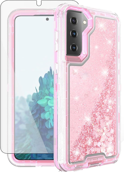 Asuwish Phone Case for Samsung Galaxy S21 5G 6.2 inch with Screen Protector Bling Liquid Glitter Clear Hybrid TPU Silicone Military Grade Protecti...