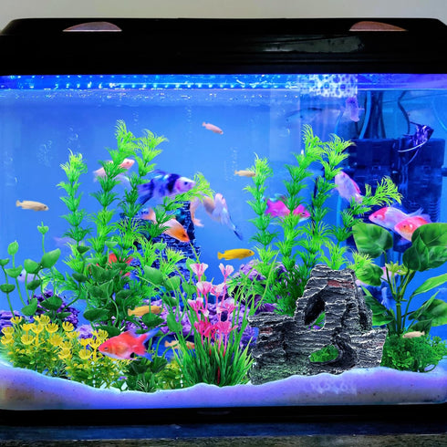 Fish Tank Accessories Artificial Plants, 9pcs Green Aquarium Decorations Plants and Cave Rock Decor Set, Aquarium Decor Plastic Plants...