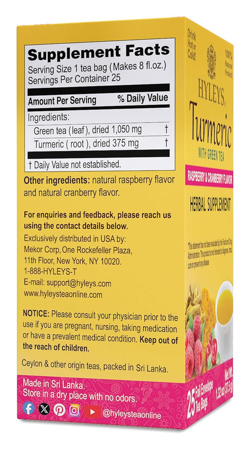 Hyleys Turmeric Tea - Raspberry & Cranberry Flavors - 25 Tea Bags - Wellness Herbal Supplement Green Tea...