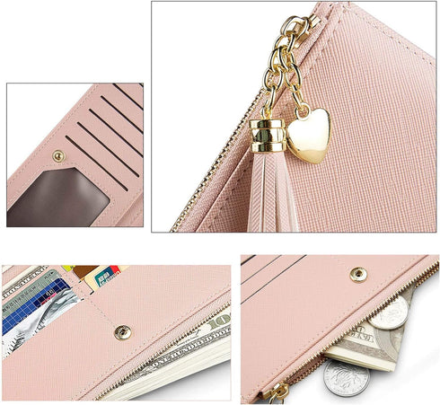 SUMGOGO Slim Wallet for Women Long Tassel Zipper Clutch Purse Handbag Card Case Wallet (Pink)...