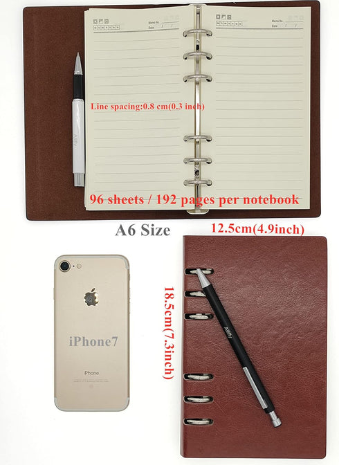 Business Office Student Openwork PU Leather Metal Binder Hardcover Spiral Refillable 6 Ring Journal Personal Planner Notebook (Brown, A6)...