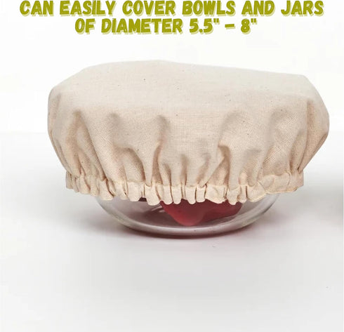 4 - Pack Linen Bowl Cover Reusable 100% Cotton ~ Elastic Stretch Machine Washable Organic Bowl Cover Lids for Food, Fruits, Leftover (Fits upto 5....