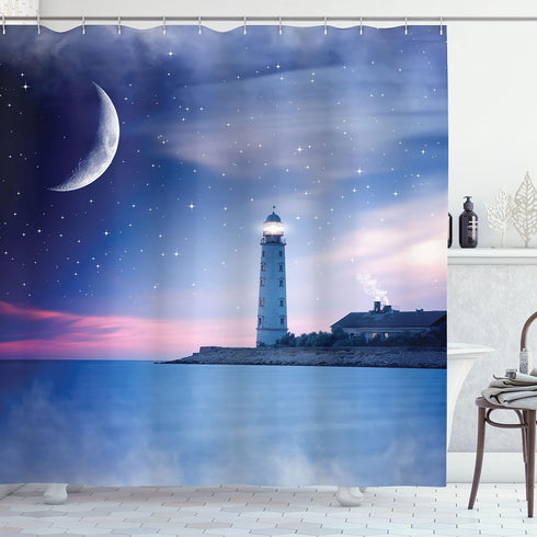 Ambesonne Lighthouse Shower Curtain, Lighthouse at Night Oceanic Space Stars Moon Smock Fantasy View Print, Cloth Fabric Bathroom Decor Set with H...