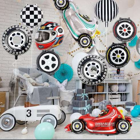 10 PCS Race Car Balloons, Foil Helmet Checkered Balloons and Hot Wheel Tire Balloons, Race Car Party Supplies for Boy Two Fast Birthday Party Cars...
