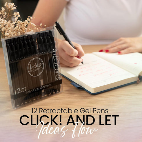Loddie Doddie Black Gel Pens for Journaling and Note Taking - 12 Pack, 0.7 mm Medium Point Smooth Writing Retractable Pens, No Bleed Non Smudge...