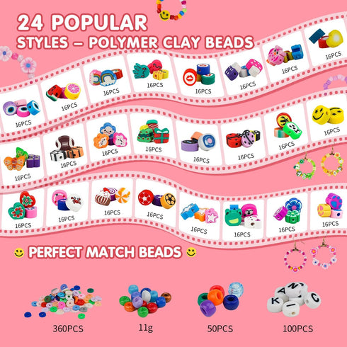 Gionlion 1000PCS Polymer Clay Beads Bracelet Making kit, 24 Style Cute Fun Fruit Flower Rainbow Animal Heart Star Beads Charms for Jewelry Necklac...