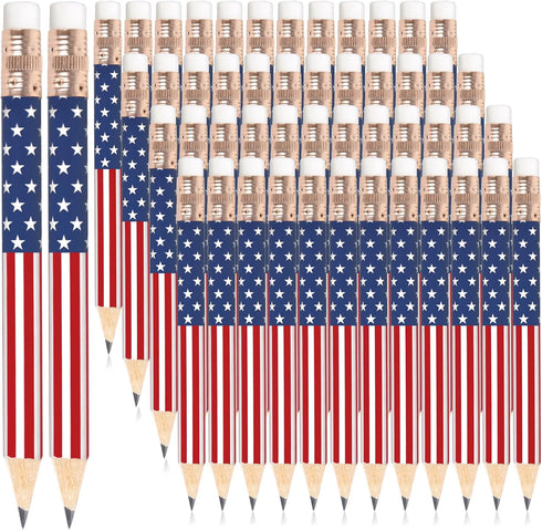 50Pcs Independence Day Pencil with Erasers American Flag Short Writing Pencils Red White Blue Patriotic Half Pencils for 4th of July School Office...