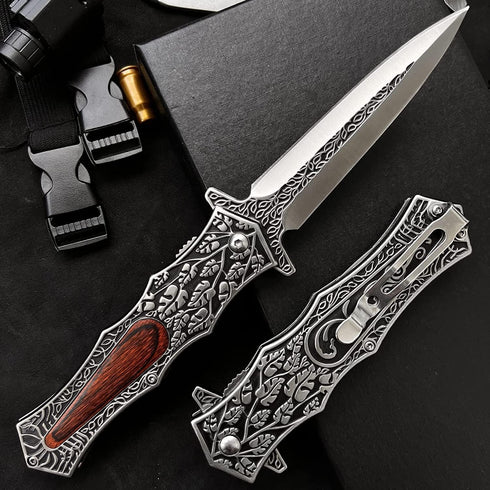 Leaf Patterned Wood Handle Japanese Pocket Knife with Clip, 8.9" Tactical Survival Folding Knife for Outdoor Camping, Hunting, EDC, Fishing, Gifts...