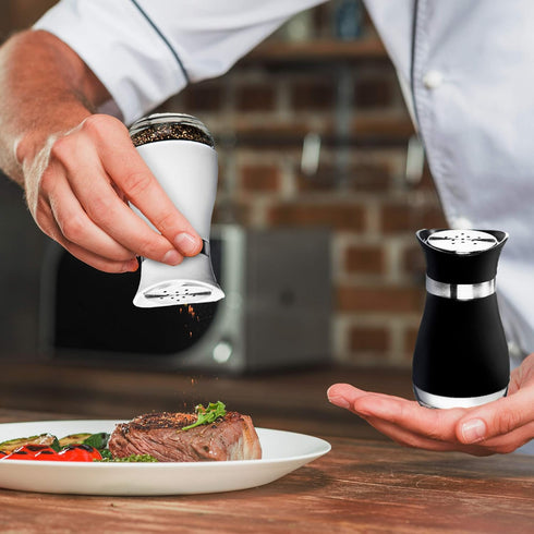 MITBAK Salt and Pepper Shakers (2-Pc. Set) Elegant w/Clear Glass Bottom | Compact Cooking, Kitchen and Dining Room Use | Classic, Refillable Desig...