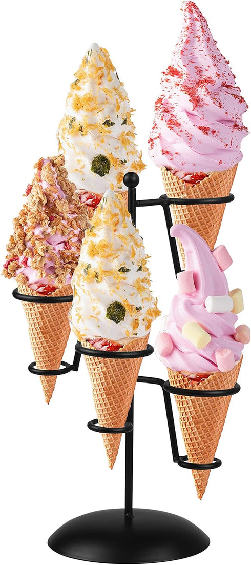 Black Iron Ice Cream Cone Holder Stand with Base 5 Holes to Display Snow Cones Sushi Hand Rolls Popcorn Candy French Fries Sweets Savory...