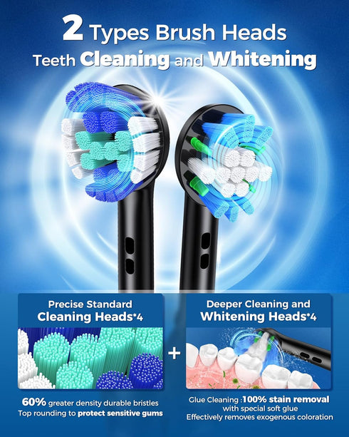 Rotating Electric Toothbrush for Adults with 8 Brush Heads (2 Types), 4 Modes Deep Clean Electric Toothbrush with Rechargeable Power and 2 Min Sma...