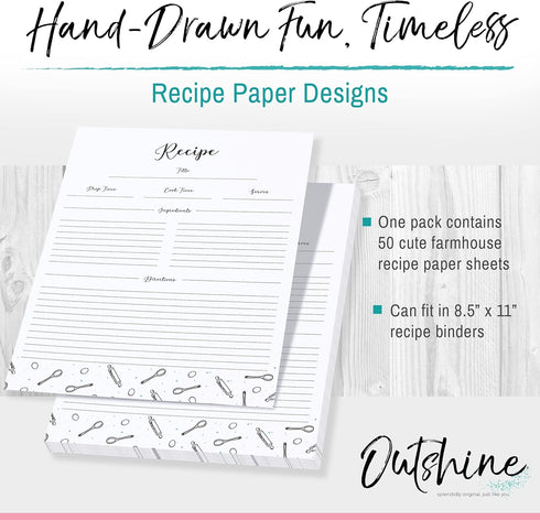 Outshine Premium Recipe Paper for 8.5" x 11" Recipe Binders, Farmhouse Design (50 Sheets) | Full Size Recipe Refill Pages for Binder | Recipe Card...