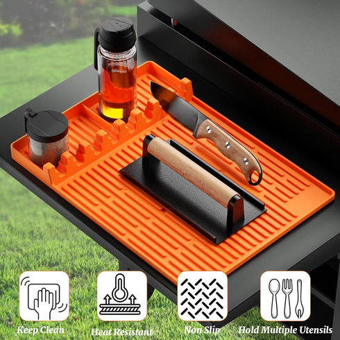 Silicone Griddle Tools Mat for Blackstone - 3 in 1 Grill Side Shelf Mat, Large Silicone Spatula Mat with Drip Pad, Grill BBQ Caddy Utensils Holder...