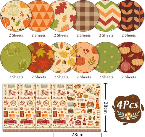 Whaline 24Pcs Fall Pattern Paper with Stickers 12 Design Double-Sided Autumn Scrapbook Specialty Paper Fall Leaves Craft Paper Folded Flat for DIY...