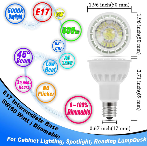E17 LED Spotlight Bulb Dimmable 6W (60 Watt Equivalent) E17 Intermediate Base Type R14 Reflector Light Bulb for Desk Reading Cabinet Lamp Track Li...