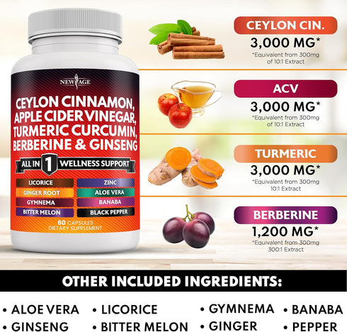 Ceylon Cinnamon 3000mg Turmeric 3000mg Apple Cider Vinegar 3000mg Ginseng 2000mg Aloe Vera 2000mg Berberine 1200mg Plus Banaba, Ginger Root - 120 ...