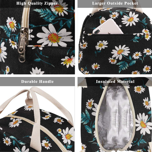 EurCross Women's Lunch Bags for Work with Chic Floral Daisy Pattern,Canvas Stylish and Insulated Black Lunch Tote Bento box Bag Carrier of On-the-...