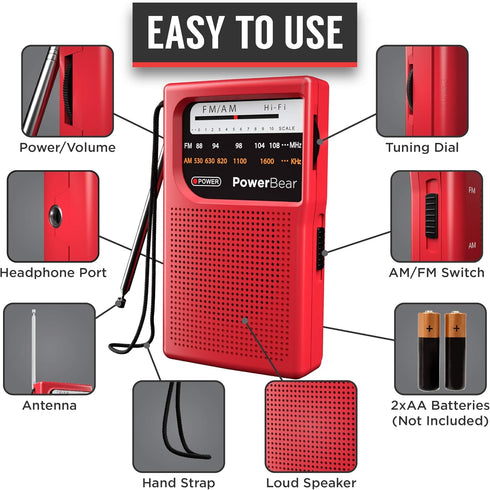 PowerBear Portable Radio | AM/FM, 2AA Battery Operated with Long Range Reception for Indoor, Outdoor & Emergency Use | Radio with Speaker & Headph...