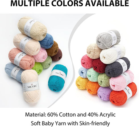 NICEEC 3 Skeins Soft Cotton Yarn 5ply Baby Cotton Yarn for Knitting Crochet Baby Weight Yarn Cotton Blend Yarn Total Length 3×220m(3×240 yds,100g×...
