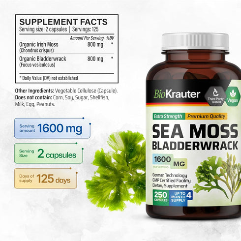 BIO KRAUTER Irish Sea Moss Capsules 1600 mg - 250 Count - Vegan Bladderwrack with Chondrus Crispus Sea Moss Supplement...