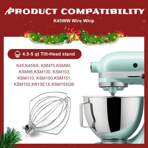 K45WW Wire Whip Attachment/K45ww Wire Whip for Tilt-Head Stand Mixer 6-Wire Fits For 4.5-5QT Title-Head Stand Mixer K45 KSM90,Stainless Steel,Egg ...