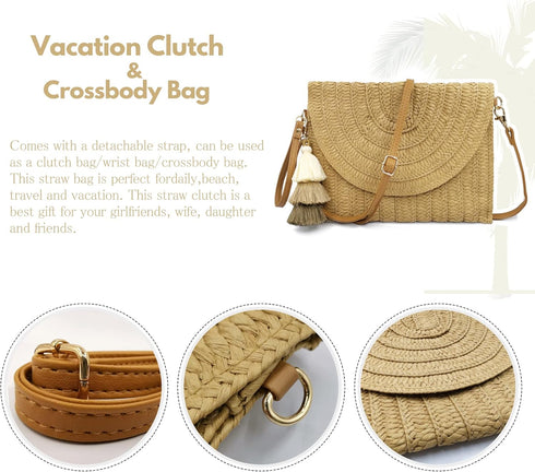 Straw Clutch Purse Women Crossbody Bag Summer Beach Shoulder Bags Envelope Wallet Handbags...