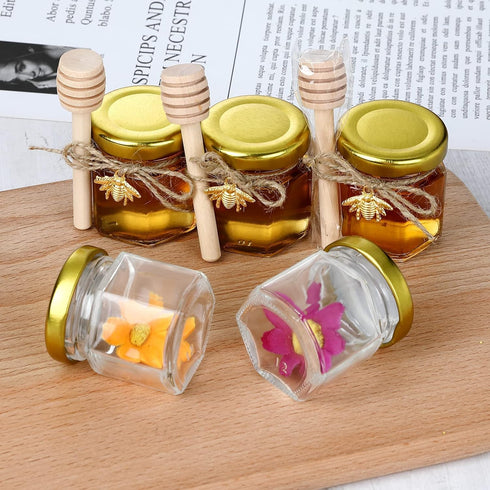 1.5 oz Hexagon Mini Glass Honey Jars -30Pack Honey Jars with Wood Dipper, Gold Lid, Bee Pendants, Jutes - Perfect for Baby Shower, Wedding Favors,...