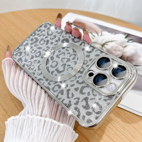Fiyart Designed for iPhone 15 Pro Max Case,Compatible with MagSafe Cheetah Print Plating Camera Protection Clear Phone Case, Magnetic Glitter Leop...