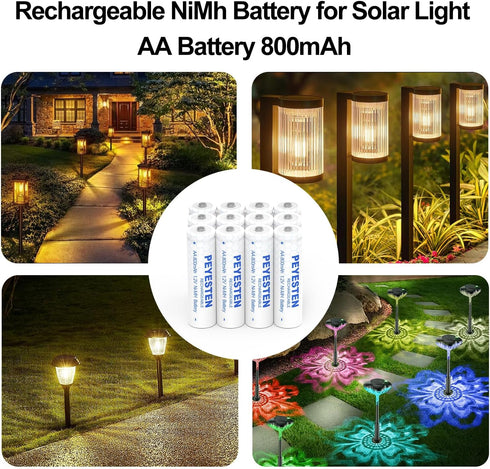 Ni-Mh 800mAh 1.2V AA Rechargeable Batteries Ni-Mh, Double A Batteries for Solar Lights, Garden Lights, Pack of 12, Pre-Charged...