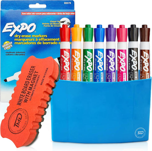 Whiteboard Markers, 8 Chisel Tip Dry Erase Markers, Magnetic Marker Holder & Eraser, Quick-Drying Ink, Low Odor, Non-Toxic, Ideal for Classroom, H...