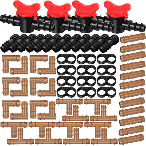 64 Pcs Drip Irrigation Fittings Kit 1/2 Inch Tubing Set Including 4 Switch Valve, 12 Elbows, 12 Couplings, 12 End Cap Plugs, 12 Tees and 12 End Cl...