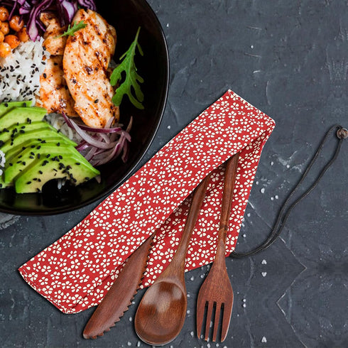 Japanese Reusable Wooden Dinnerware Set Knife Fork Spoon Tableware Kit And Wood Flatware Set Utensil For Travel Lunch Work Picnic (Red Cherry Bag ...